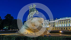 Peter the Great monument Bronze Horseman on the Senate Square night timelapse hyperlapse. ST PETERSBURG, RUSSIA