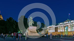 Peter the Great monument Bronze Horseman on the Senate Square night timelapse. St. Petersburg, Russia