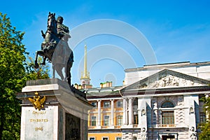 Peter the Great monument near Mikhailovsky Castle, St Petersburg , Russia.