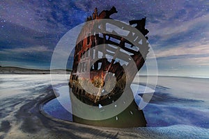 Peter Iredale Shipwreck Under Starry Night Sky along Oregon coast