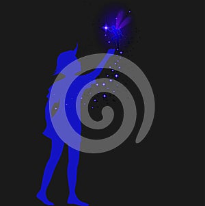 Peter pan silhouette with fairy and blue sparckle,