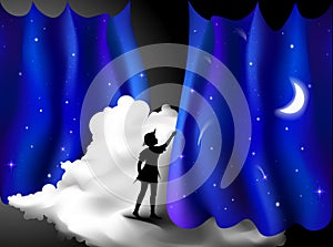 Peter Pan story, Boy standing on the cloud behind the night blue curtain, fairy night, peter pan,