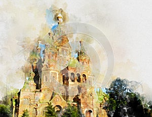 Peter and Paul Cathedral of Peterhof in watercolor painting