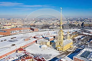 Peter and Paul Cathedral in Saint Petersburg, Russia. It is one of the main landmarks of the city. Golden tall spire of Peter and