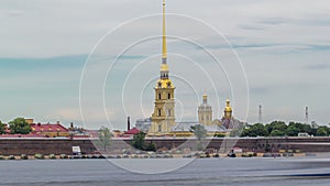 Peter and Paul Fortress across the Neva river timelapse hyperlapse, St. Petersburg, Russia