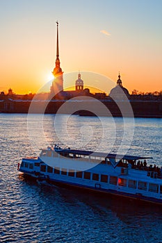 The Peter and Paul fortress and boat during the white nights