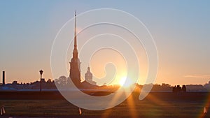 Peter and Paul Fortress and the Spit of Vasilievsky Island on a sunrise in the summer - St. Petersburg, Russia