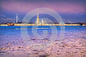 Peter and Paul Fortress in St. Petersburg and a cluster of ice floes