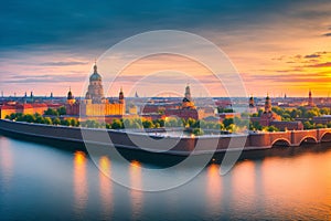 Peter and Paul Fortress at sunset, Troitsky Bridge, St.-Petersburg, Russia made with Generative AI