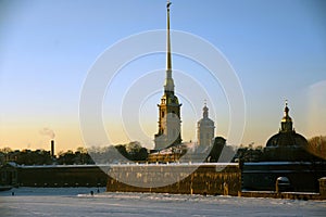 Peter and Pauls fortress and the Neva river winter panorama.