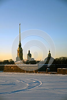 Peter and Pauls fortress and the Neva river winter panorama.