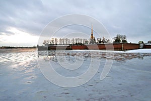 Peter and Pauls fortress in Saint-Petersburg, Russia. The Neva river.