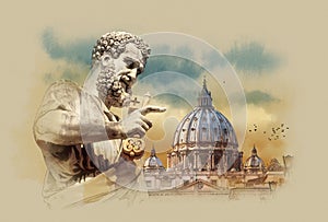 Peter's Basilica, the sculpture of St. Peter, Vatican, Italy, watercolor sketch. Watercolor sketch Peter's Basilic