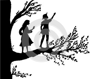 Peter and Wendy silhouette, boy and gil on the big tree, tree of childhood, childhood memory,