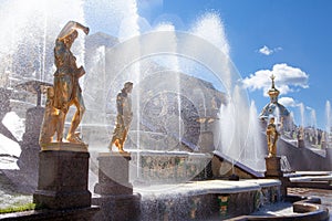 Peterhof Museum-Reserve, famous cascade of fountains fnd golden sculptures near the Peterhof Palace