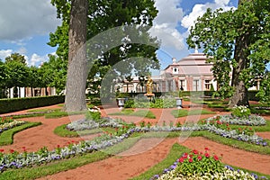 PETERHOF, RUSSIA. View of the Monplezirsky garde and palace Monplezir photo