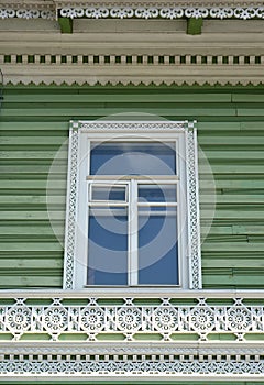 PETERHOF, RUSSIA. Wooden carved platband and decor of a facade of the building of the former estate of I.A. Khrushchev 1870-1889