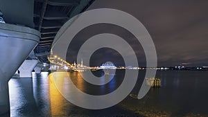 Petersburg Russia night landscape of modern city , view of the cable-stayed bridge over the Neva River, Stadium