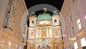 The Peterskirche St. Peters Church night view, Vienna, Austria