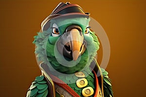 Petfluencers: The Charming Parrot\'s Adventure to Emulate a Musketeer on Brown Background