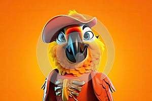 Petfluencers: The Charming Parrot\'s Adventure to Emulate a Musketeer on Orange Background