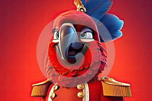 Petfluencers: The Charming Parrot\'s Adventure to Emulate a Musketeer on Red Background