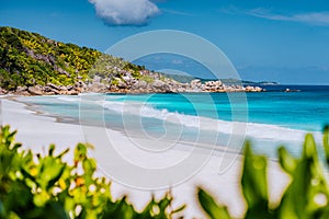Petite Anse - sandy tropical paradise beach on La Digue in Seychelles. Travel exclusive concept