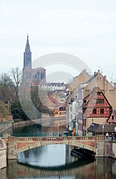 Petite-France. View to medieval bridge Ponts Couverts and Strasbourg cathedral