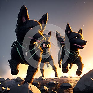 A petite group of fierce black warrior dogs in action on city ruins. AI generated photo
