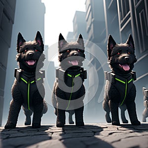 A petite set of chic black police dogs fighting in the ruined city. AI generated