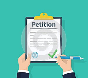 Petition concept. Man hold clipboard in hand writes Petition concept. Diagrams. Flat design, vector illustration on photo