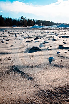 Petoskey stones on a Lake Michigan beach in Charlevoix Michigan on a sunny winter day photo