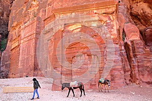 PETRA, JORDAN - MARCH 7, 2016: Colorful tombs in the Outer Siq with a local Bedouin leading his donkeys