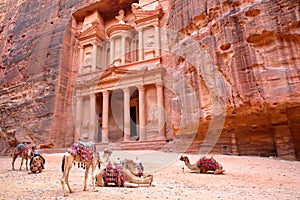 PETRA, JORDAN: The Treasury Al Khazneh with camels in the foreground