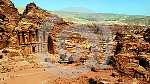 Petra, Jordan 19 04 2014: View from above at Ad Deir Monastery stone wonder in Petra
