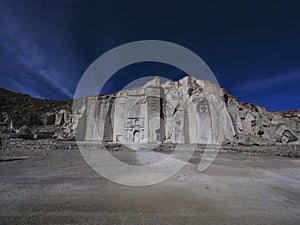 Petra lookalike sillar rhyolite white volcanic rock stone carving in Anashuayco quarry near Arequipa Peru South America