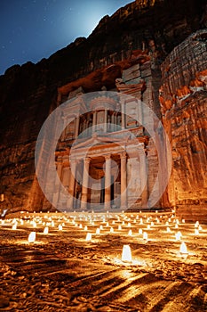 Petra by night, Treasury ancient architecture in canyon, Petra in Jordan