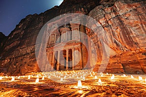 Petra by night, Treasury ancient architecture in canyon, Petra in Jordan. 7 wonders travel destination in Jordan