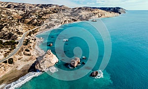 Petra tou Romiou Aphrodite`s Rock cyprus, aerial picture