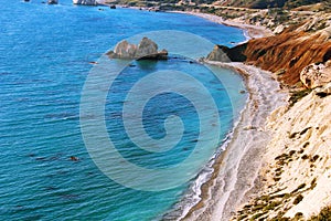 Petra Tou Romiou beach with Aphrodite's rock, Cyprus photo
