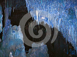 Petralona cave, Greece- may 25, 2007: Ancient karst cave with stalactites and stalagmites, Cenote ceiling