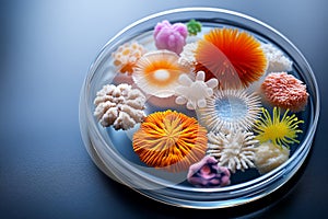A petri dish filled with colorful, abstract, coral-like structures. The structures are arranged in a pleasing and symmetrical photo