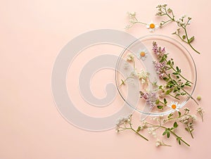 Petri dish with flowers. herbal research concept for phytotherapy. copy space