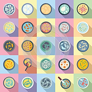 Petri dish icons set flat vector. Bacteria experiment