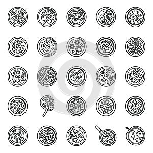 Petri dish icons set outline vector. Bacteria experiment