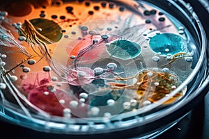 petri dish with microbe culture growing on plate, under microscope