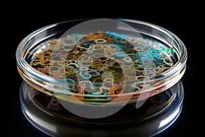 petri dish with microbe culture growing in swirling patterns