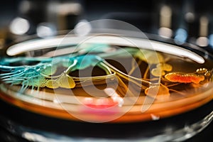 petri dish with microbe growing on agar plate in science lab