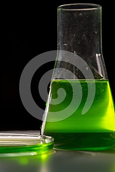Petri dishand retort with green and blue with chemical reagent. Chemical experiment with Laboratory glass