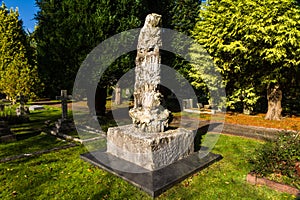 Petrified tree on top of grave.